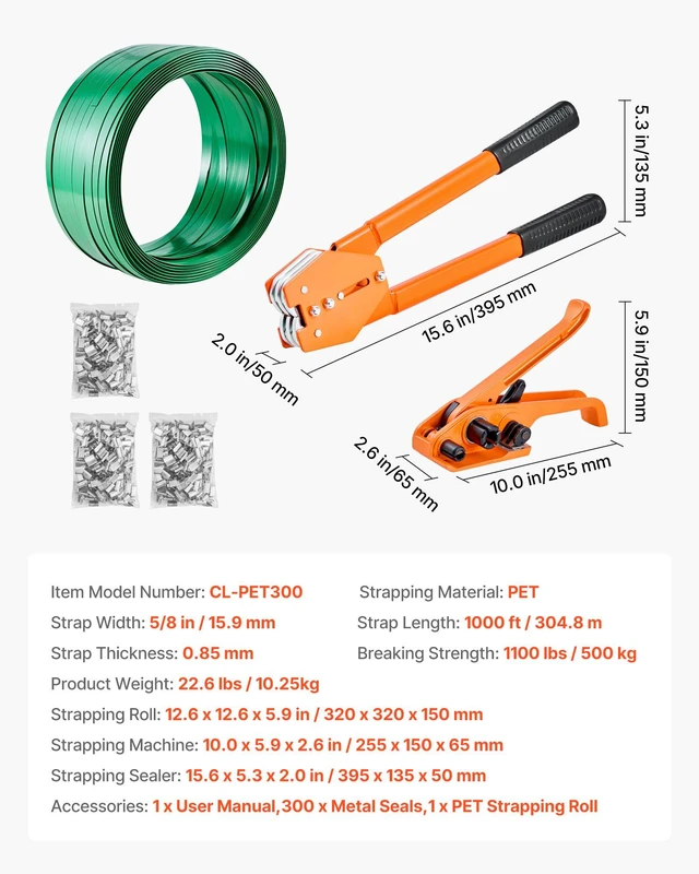 Alt view image 7 of 8 - VEVOR Banding Strapping Kit, Heavy Duty Banding Sealer Tool with 1000 ft Length PET Band, 300 Metal Seals, Plastic Manual Pallet Packaging Strapping Kit for Warehouse/Shipping/Moving/Home, Orange