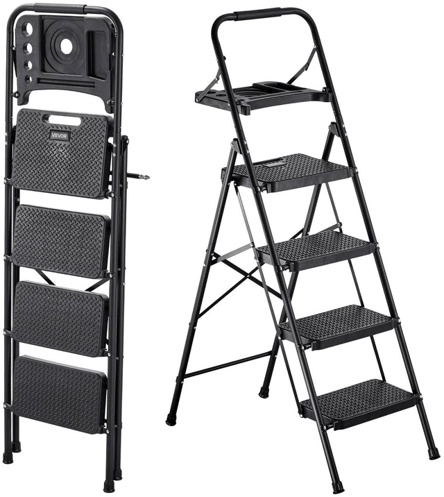 Main image of VEVOR 4 Step Ladder, Folding Step Stool with Wide Anti-Slip Pedal, Tool Tray, Comfort Handgrip, 600 lbs Capacity Portable Steel Ladder, Multi-Use for Kitchen, Home, Household and Office, Black