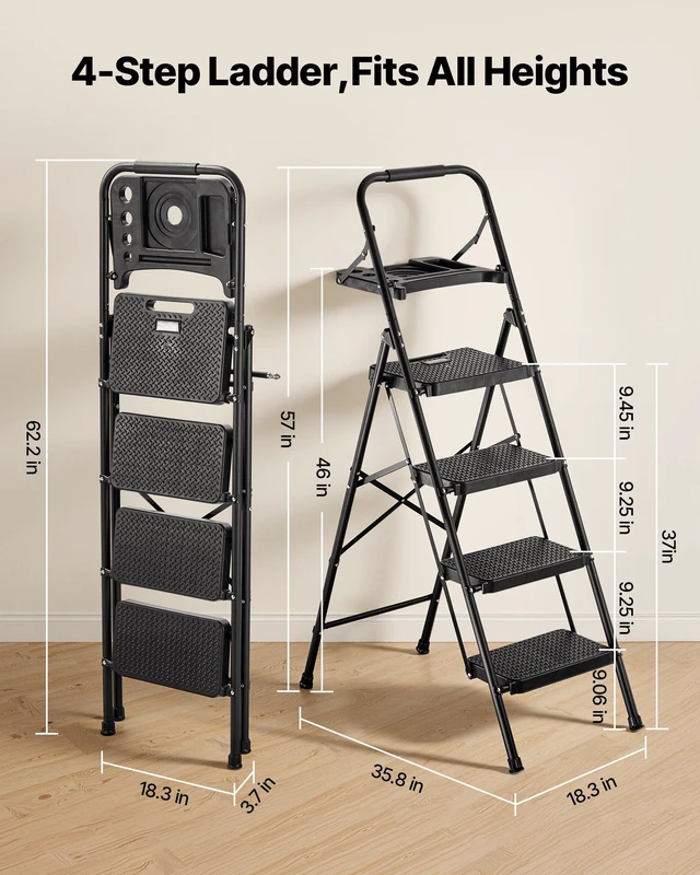 Alt view image 2 of 8 - VEVOR 4 Step Ladder, Folding Step Stool with Wide Anti-Slip Pedal, Tool Tray, Comfort Handgrip, 600 lbs Capacity Portable Steel Ladder, Multi-Use for Kitchen, Home, Household and Office, Black