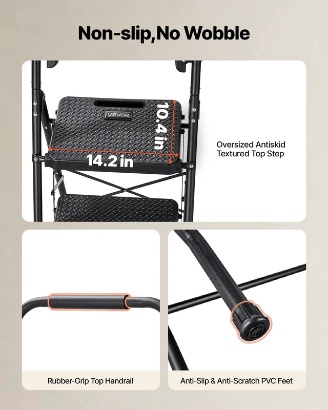 Alt view image 3 of 8 - VEVOR 4 Step Ladder, Folding Step Stool with Wide Anti-Slip Pedal, Tool Tray, Comfort Handgrip, 600 lbs Capacity Portable Steel Ladder, Multi-Use for Kitchen, Home, Household and Office, Black