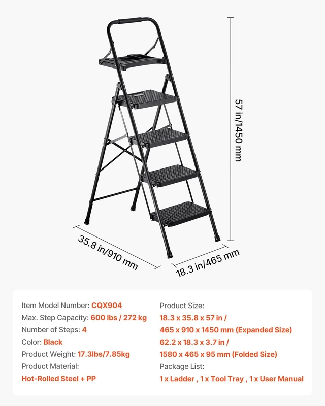 Alt view image 6 of 8 - VEVOR 4 Step Ladder, Folding Step Stool with Wide Anti-Slip Pedal, Tool Tray, Comfort Handgrip, 600 lbs Capacity Portable Steel Ladder, Multi-Use for Kitchen, Home, Household and Office, Black