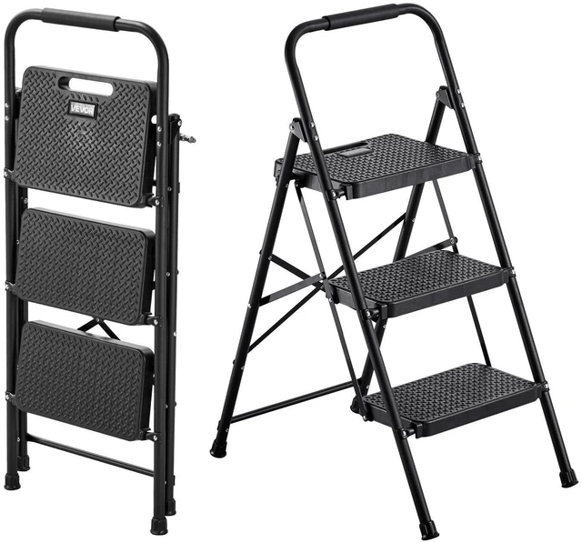 Main image of VEVOR 3 Step Ladder, Folding Step Stool with Wide Anti-Slip Pedal and Comfort Handgrip, Lightweight 600 lbs Capacity Portable Steel Ladder, Multi-Use for Kitchen, Home, Household and Office, Black