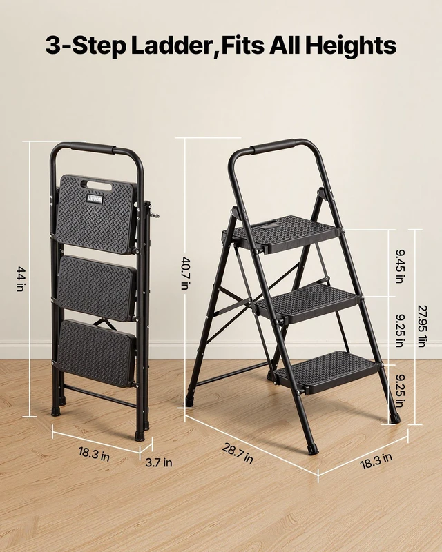 Alt view image 2 of 8 - VEVOR 3 Step Ladder, Folding Step Stool with Wide Anti-Slip Pedal and Comfort Handgrip, Lightweight 600 lbs Capacity Portable Steel Ladder, Multi-Use for Kitchen, Home, Household and Office, Black