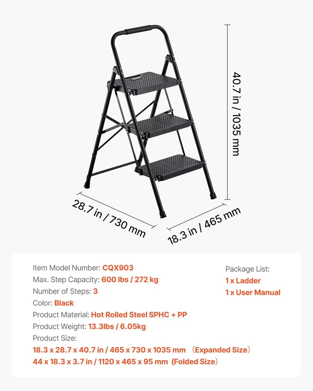Alt view image 6 of 8 - VEVOR 3 Step Ladder, Folding Step Stool with Wide Anti-Slip Pedal and Comfort Handgrip, Lightweight 600 lbs Capacity Portable Steel Ladder, Multi-Use for Kitchen, Home, Household and Office, Black
