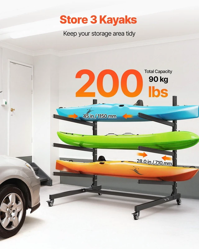 Alt view image 2 of 8 - VEVOR Kayak Storage Rack for 3 Kayaks, Holds 200 lbs, Heavy Duty Adjustable Freestanding Stand with Lockable Wheels for Indoor Outdoor Garage Shed Dock, Holder for Canoe, SUP, Surfboard & Paddleboard