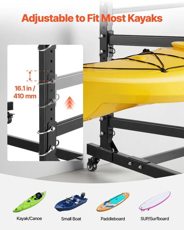Alt view image 3 of 8 - VEVOR Kayak Storage Rack for 3 Kayaks, Holds 200 lbs, Heavy Duty Adjustable Freestanding Stand with Lockable Wheels for Indoor Outdoor Garage Shed Dock, Holder for Canoe, SUP, Surfboard & Paddleboard