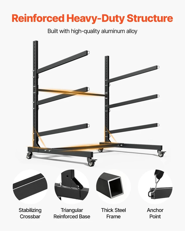 Alt view image 4 of 8 - VEVOR Kayak Storage Rack for 3 Kayaks, Holds 200 lbs, Heavy Duty Adjustable Freestanding Stand with Lockable Wheels for Indoor Outdoor Garage Shed Dock, Holder for Canoe, SUP, Surfboard & Paddleboard