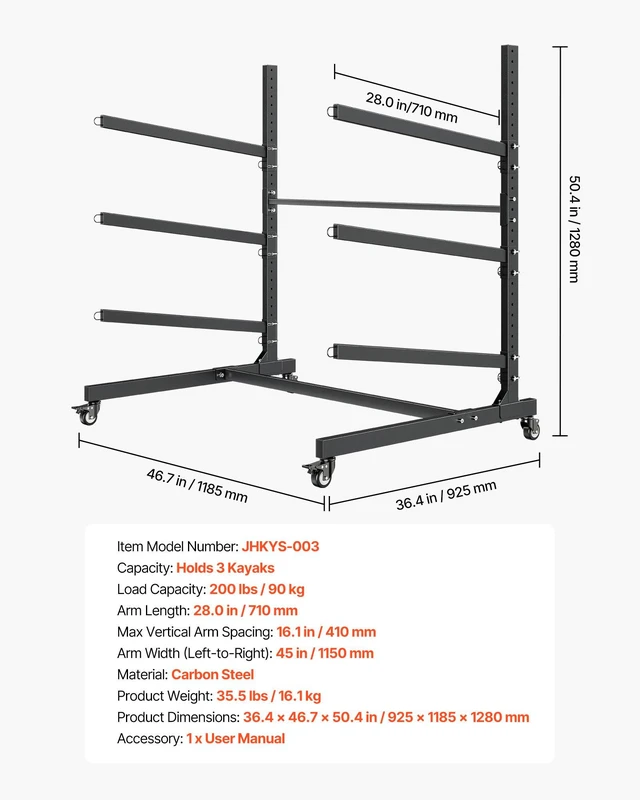 Alt view image 7 of 8 - VEVOR Kayak Storage Rack for 3 Kayaks, Holds 200 lbs, Heavy Duty Adjustable Freestanding Stand with Lockable Wheels for Indoor Outdoor Garage Shed Dock, Holder for Canoe, SUP, Surfboard & Paddleboard
