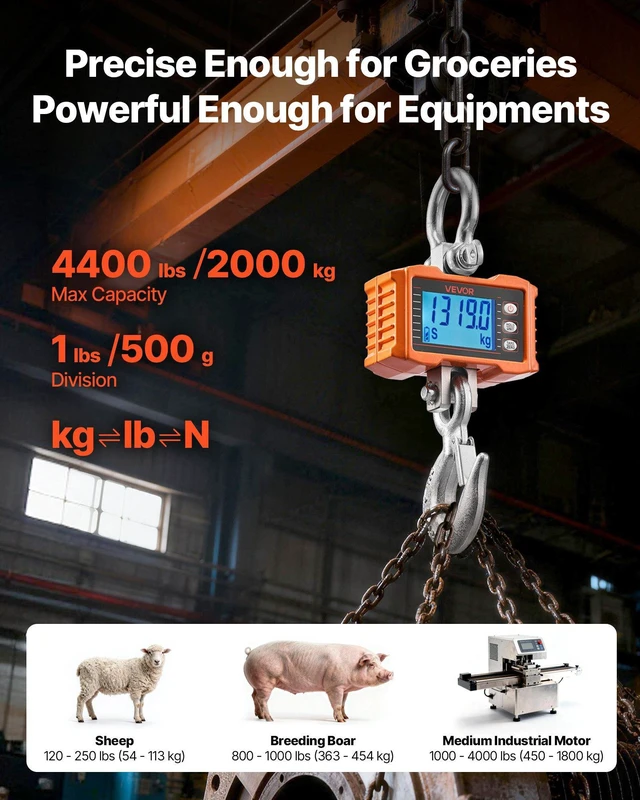 Alt view image 2 of 8 - VEVOR Digital Crane Scale, 4400 lbs/2000 kg Max Capacity, Heavy Duty Industrial Hanging Scale with Cast Aluminum Case & LCD Display, 1 lbs Division & 3 Unit Switch, Remote Control for Garage Factory