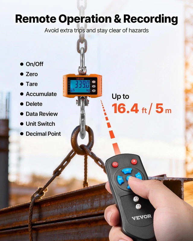 Alt view image 5 of 8 - VEVOR Digital Crane Scale, 4400 lbs/2000 kg Max Capacity, Heavy Duty Industrial Hanging Scale with Cast Aluminum Case & LCD Display, 1 lbs Division & 3 Unit Switch, Remote Control for Garage Factory