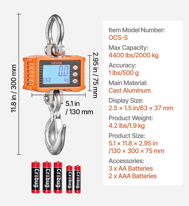 Alt view image 7 of 8 - VEVOR Digital Crane Scale, 4400 lbs/2000 kg Max Capacity, Heavy Duty Industrial Hanging Scale with Cast Aluminum Case & LCD Display, 1 lbs Division & 3 Unit Switch, Remote Control for Garage Factory