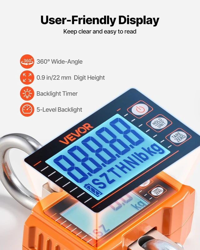 Alt view image 6 of 8 - VEVOR Digital Crane Scale, 4400 lbs/2000 kg Max Capacity, Heavy Duty Industrial Hanging Scale with Cast Aluminum Case & LCD Display, 1 lbs Division & 3 Unit Switch, Remote Control for Garage Factory