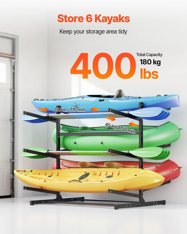 Alt view image 2 of 8 - VEVOR Kayak Storage Rack for 6 Kayaks, Holds 400 lbs, Heavy Duty Freestanding Stand for Indoor Outdoor Garage Shed Dock, Storage Rack Stand Holder for Canoe, Small Boat, SUP, Surfboard & Paddleboard