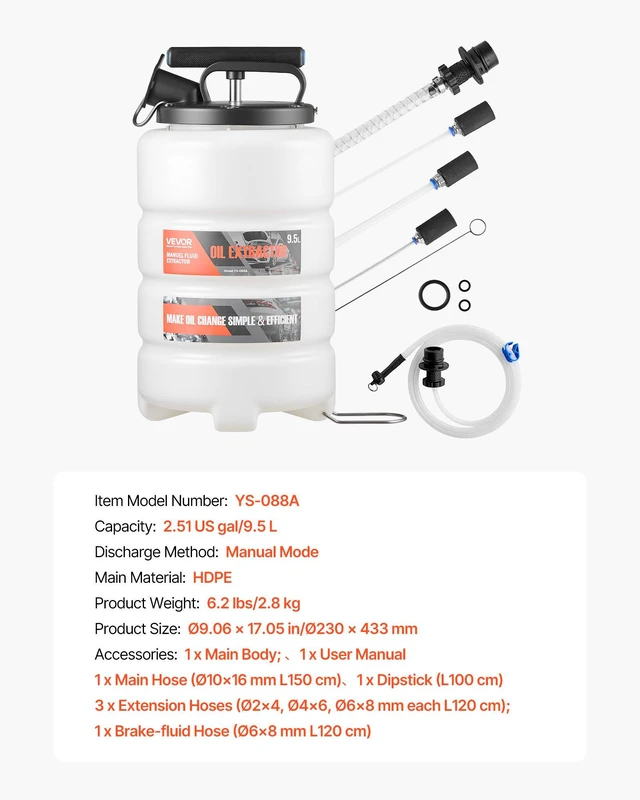 Alt view image 7 of 8 - VEVOR Fluid Extractor, 9.5 L Capacity, Manual Vacuum Oil Extractor Pump with 59 in Long Horse & Three 47 in Extension Tubes, Oil Change Pump with HDPE Tank for Cars, Lawn Mowers, Boats, Motorcycles