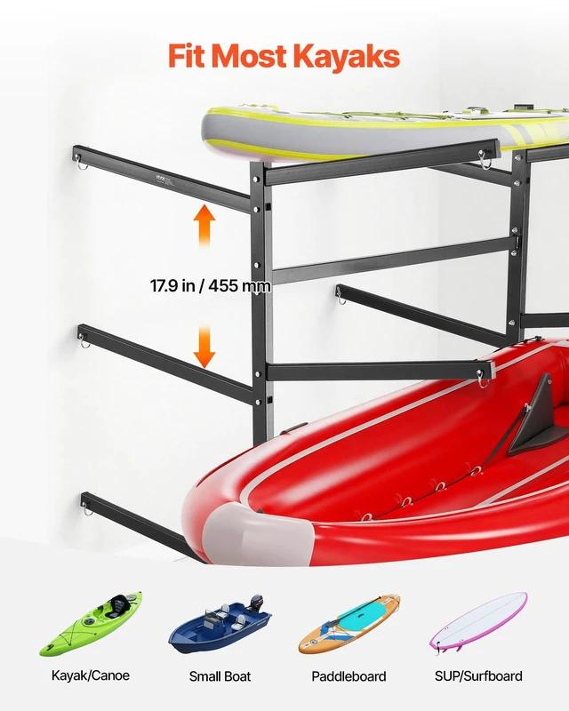 Alt view image 3 of 8 - VEVOR Kayak Storage Rack for 6 Kayaks, Holds 400 lbs, Heavy Duty Freestanding Stand for Indoor Outdoor Garage Shed Dock, Storage Rack Stand Holder for Canoe, Small Boat, SUP, Surfboard & Paddleboard