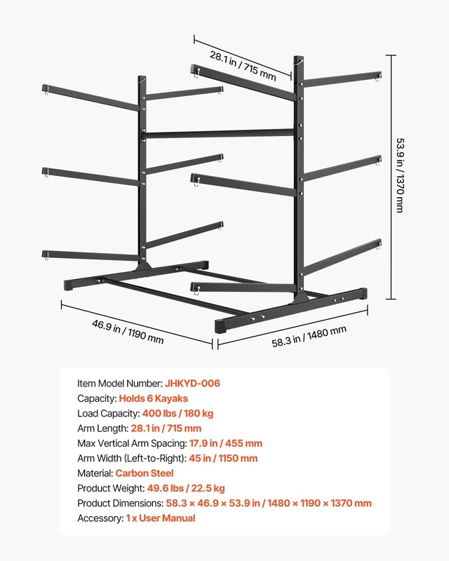 Alt view image 7 of 8 - VEVOR Kayak Storage Rack for 6 Kayaks, Holds 400 lbs, Heavy Duty Freestanding Stand for Indoor Outdoor Garage Shed Dock, Storage Rack Stand Holder for Canoe, Small Boat, SUP, Surfboard & Paddleboard