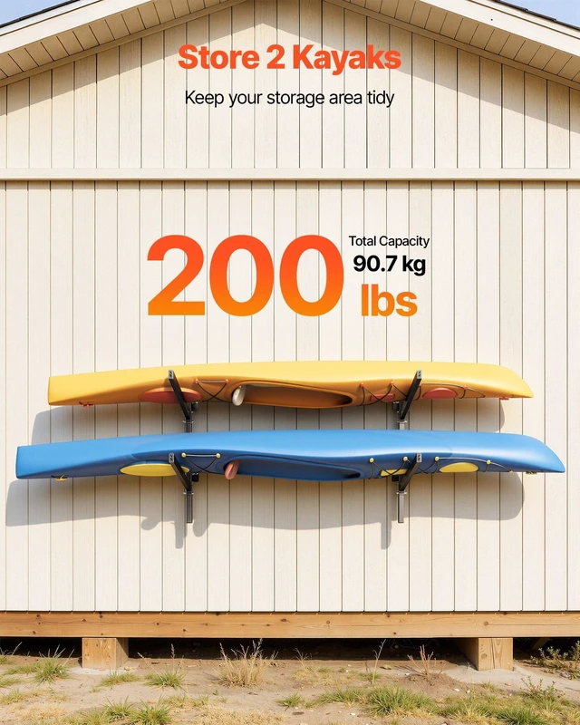Alt view image 2 of 8 - VEVOR Kayak Storage Rack for 2 Kayaks, Holds 200 lbs, Heavy Duty Adjustable Wall Mount Stand for Indoor Outdoor Garage Shed Dock, Storage Holder for Canoe, Small Boat, SUP, Surfboard & Paddleboard
