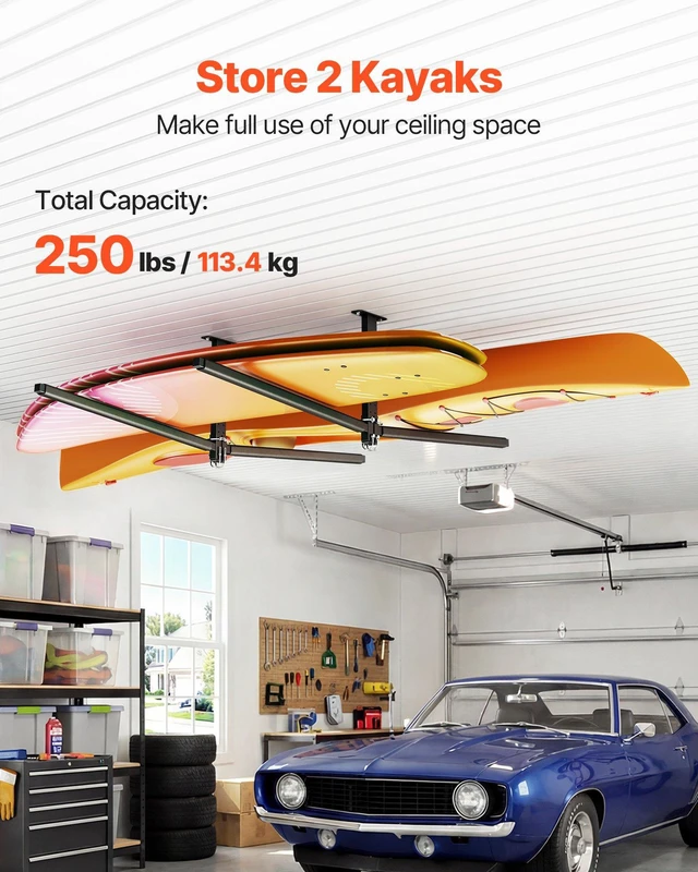 Alt view image 2 of 8 - VEVOR Kayak Storage Rack for 2 Kayaks, Holds Up to 250 lbs, Heavy Duty Adjustable Ceiling Rack for Garage Ceiling Mount, Overhead Garage Storage Hanger for Canoe, Ladder, SUP, Surfboard & Paddleboard
