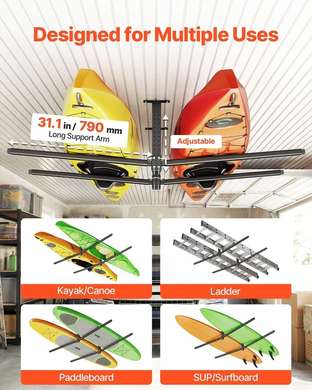 Alt view image 3 of 8 - VEVOR Kayak Storage Rack for 2 Kayaks, Holds Up to 250 lbs, Heavy Duty Adjustable Ceiling Rack for Garage Ceiling Mount, Overhead Garage Storage Hanger for Canoe, Ladder, SUP, Surfboard & Paddleboard