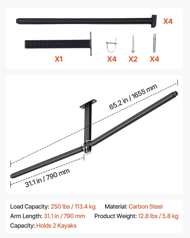 Alt view image 7 of 8 - VEVOR Kayak Storage Rack for 2 Kayaks, Holds Up to 250 lbs, Heavy Duty Adjustable Ceiling Rack for Garage Ceiling Mount, Overhead Garage Storage Hanger for Canoe, Ladder, SUP, Surfboard & Paddleboard