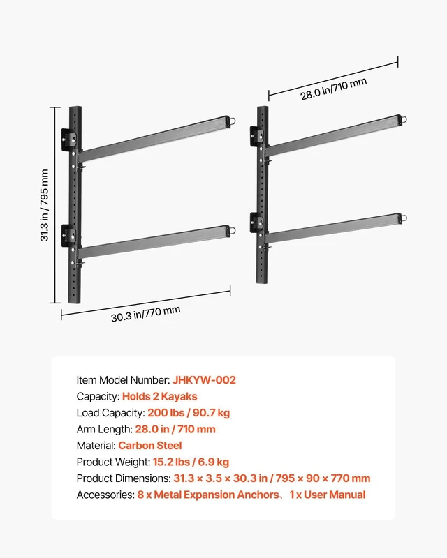 Alt view image 7 of 8 - VEVOR Kayak Storage Rack for 2 Kayaks, Holds 200 lbs, Heavy Duty Adjustable Wall Mount Stand for Indoor Outdoor Garage Shed Dock, Storage Holder for Canoe, Small Boat, SUP, Surfboard & Paddleboard