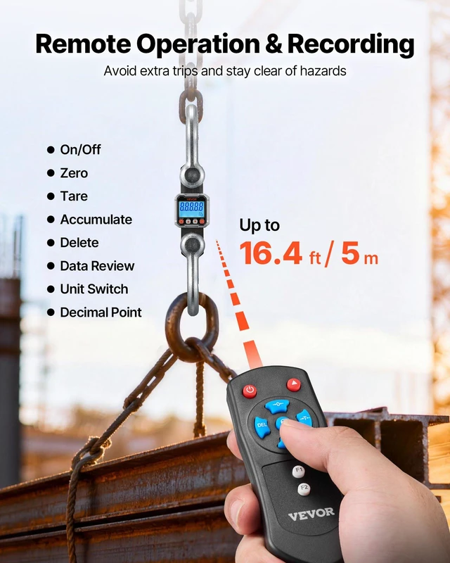 Alt view image 5 of 8 - VEVOR Digital Crane Scale, 22000 lbs/10 T Max Capacity, Heavy Duty Industrial Hanging Scale with Cast Aluminum Case & LCD Display, 5 lbs Division & 3 Unit Switch, Remote Control for Garage Factory