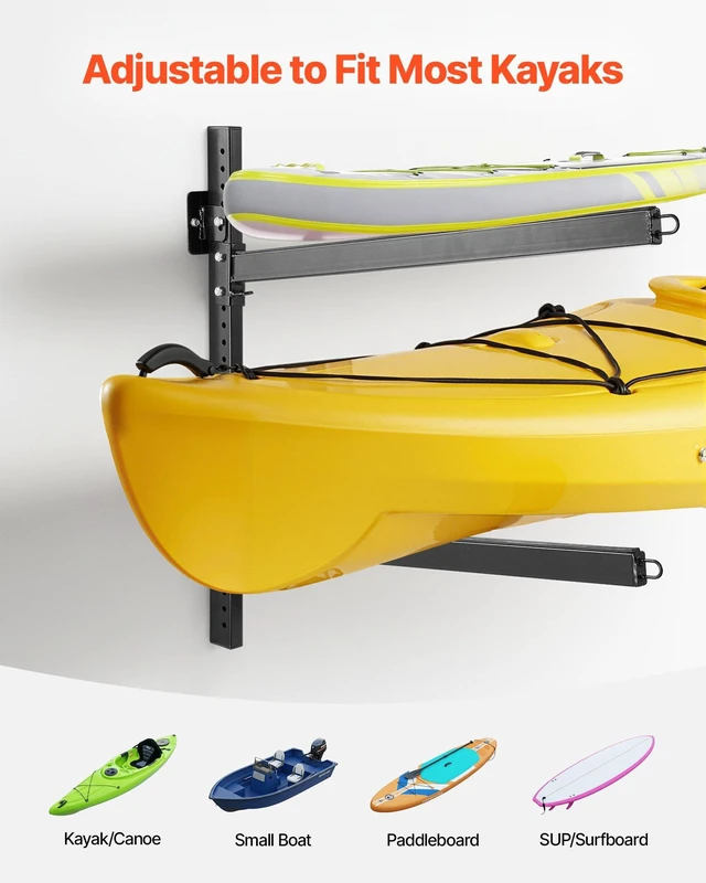 Alt view image 3 of 8 - VEVOR Kayak Storage Rack for 2 Kayaks, Holds 200 lbs, Heavy Duty Adjustable Wall Mount Stand for Indoor Outdoor Garage Shed Dock, Storage Holder for Canoe, Small Boat, SUP, Surfboard & Paddleboard