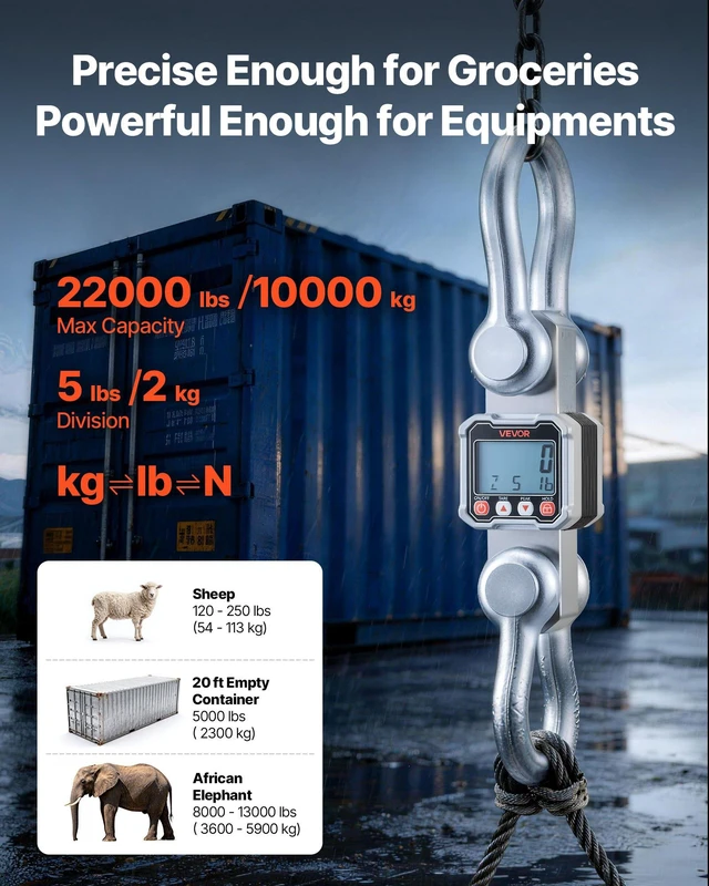 Alt view image 2 of 8 - VEVOR Digital Crane Scale, 22000 lbs/10 T Max Capacity, Heavy Duty Industrial Hanging Scale with Cast Aluminum Case & LCD Display, 5 lbs Division & 3 Unit Switch, Remote Control for Garage Factory