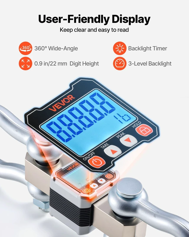 Alt view image 6 of 8 - VEVOR Digital Crane Scale, 22000 lbs/10 T Max Capacity, Heavy Duty Industrial Hanging Scale with Cast Aluminum Case & LCD Display, 5 lbs Division & 3 Unit Switch, Remote Control for Garage Factory