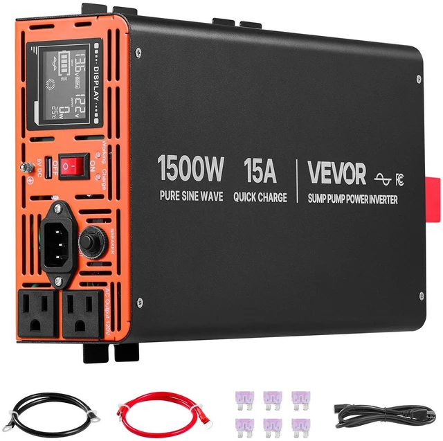 Main image of VEVOR 1500W Sump Pump Battery Backup System, LCD Display, Auto Switches to Battery Inverter Power for Sump Pump, Pure Sine Wave, for Basement Protection Emergency Power Outage, Batteries Not Included