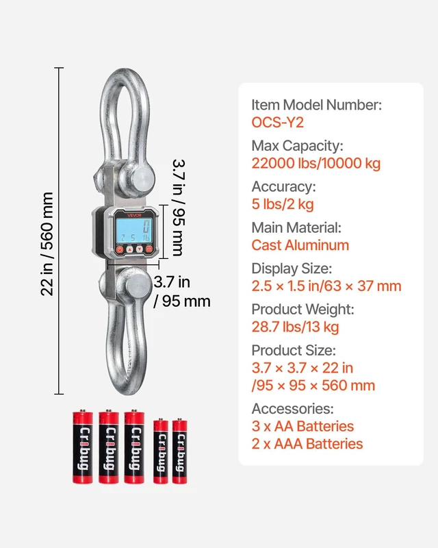 Alt view image 7 of 8 - VEVOR Digital Crane Scale, 22000 lbs/10 T Max Capacity, Heavy Duty Industrial Hanging Scale with Cast Aluminum Case & LCD Display, 5 lbs Division & 3 Unit Switch, Remote Control for Garage Factory