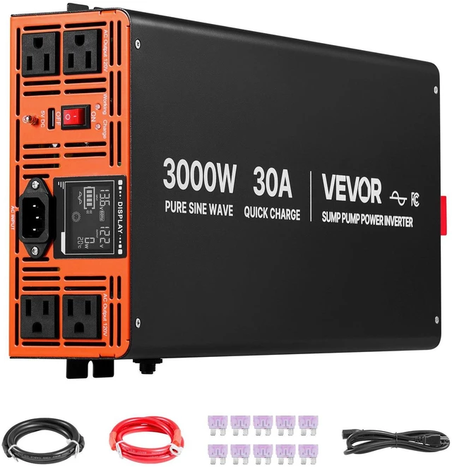 Main image of VEVOR 3000W Sump Pump Battery Backup System, LCD Display, Auto Switches to Battery Inverter Power for Sump Pump, Pure Sine Wave, for Basement Protection Emergency Power Outage, Batteries Not Included