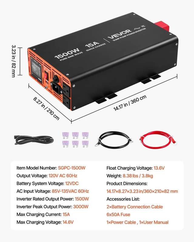 Alt view image 7 of 8 - VEVOR 1500W Sump Pump Battery Backup System, LCD Display, Auto Switches to Battery Inverter Power for Sump Pump, Pure Sine Wave, for Basement Protection Emergency Power Outage, Batteries Not Included