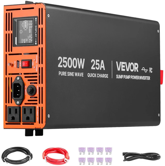 Main image of VEVOR 2500W Sump Pump Battery Backup System, LCD Display, Auto Switches to Battery Inverter Power for Sump Pump, Pure Sine Wave, for Basement Protection Emergency Power Outage, Batteries Not Included