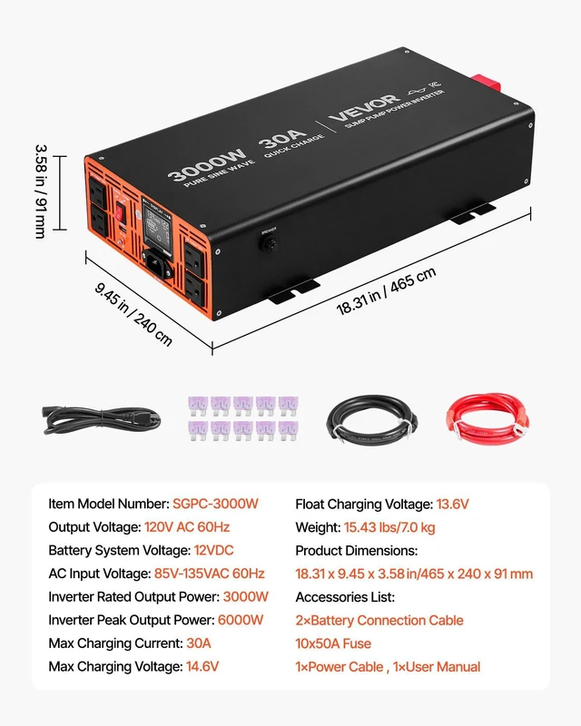 Alt view image 7 of 8 - VEVOR 3000W Sump Pump Battery Backup System, LCD Display, Auto Switches to Battery Inverter Power for Sump Pump, Pure Sine Wave, for Basement Protection Emergency Power Outage, Batteries Not Included