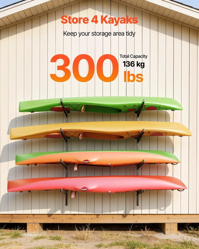 Alt view image 2 of 8 - VEVOR Kayak Storage Rack for 4 Kayaks, Holds 300 lbs, Heavy Duty Adjustable Wall Mount Stand for Indoor Outdoor Garage Shed Dock, Storage Holder for Canoe, Small Boat, SUP, Surfboard & Paddleboard