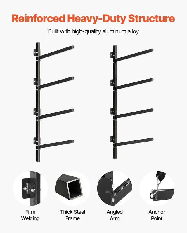 Alt view image 4 of 8 - VEVOR Kayak Storage Rack for 4 Kayaks, Holds 300 lbs, Heavy Duty Adjustable Wall Mount Stand for Indoor Outdoor Garage Shed Dock, Storage Holder for Canoe, Small Boat, SUP, Surfboard & Paddleboard