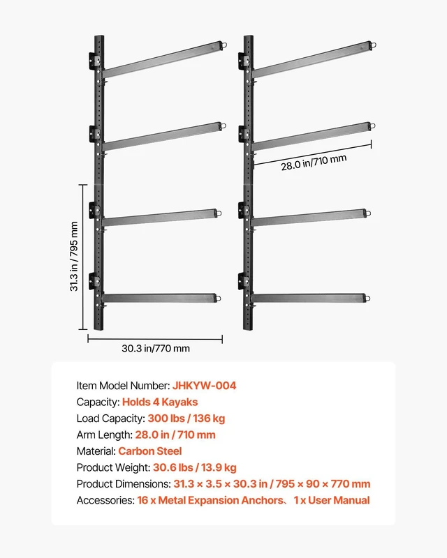 Alt view image 7 of 8 - VEVOR Kayak Storage Rack for 4 Kayaks, Holds 300 lbs, Heavy Duty Adjustable Wall Mount Stand for Indoor Outdoor Garage Shed Dock, Storage Holder for Canoe, Small Boat, SUP, Surfboard & Paddleboard
