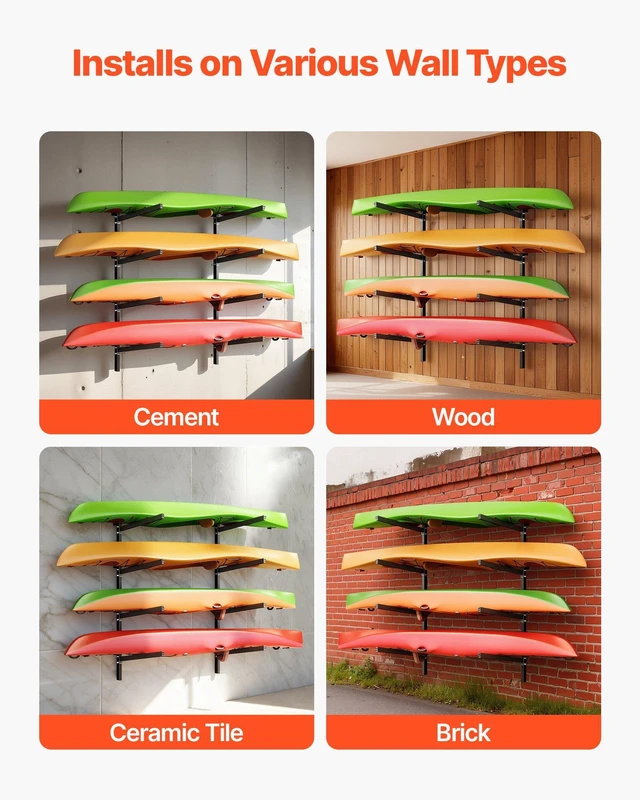 Alt view image 6 of 8 - VEVOR Kayak Storage Rack for 4 Kayaks, Holds 300 lbs, Heavy Duty Adjustable Wall Mount Stand for Indoor Outdoor Garage Shed Dock, Storage Holder for Canoe, Small Boat, SUP, Surfboard & Paddleboard