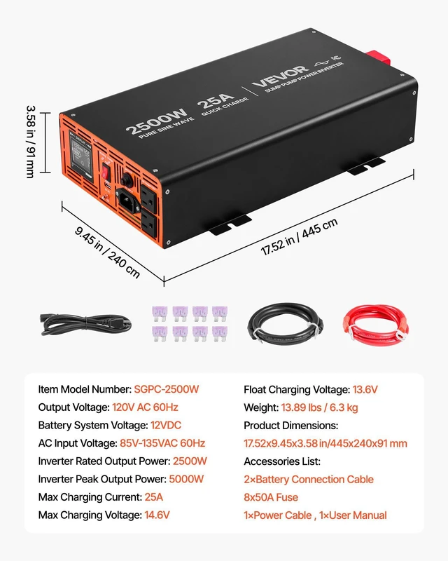 Alt view image 7 of 8 - VEVOR 2500W Sump Pump Battery Backup System, LCD Display, Auto Switches to Battery Inverter Power for Sump Pump, Pure Sine Wave, for Basement Protection Emergency Power Outage, Batteries Not Included