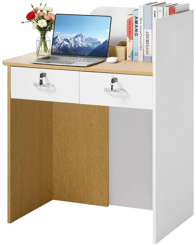 Main image of VEVOR Reception Desk, 31.5 inch Rectangular Front Counter Table, Modern Office Reception Desk with LED Light, 2 Drawers & Power Outlets, Retail Counter Table for Checkout, Lobby, Beauty Salon, Office