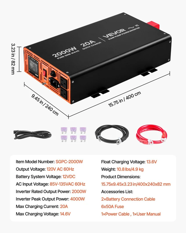 Alt view image 7 of 8 - VEVOR 2000W Sump Pump Battery Backup System, LCD Display, Auto Switches to Battery Inverter Power for Sump Pump, Pure Sine Wave, for Basement Protection Emergency Power Outage, Batteries Not Included