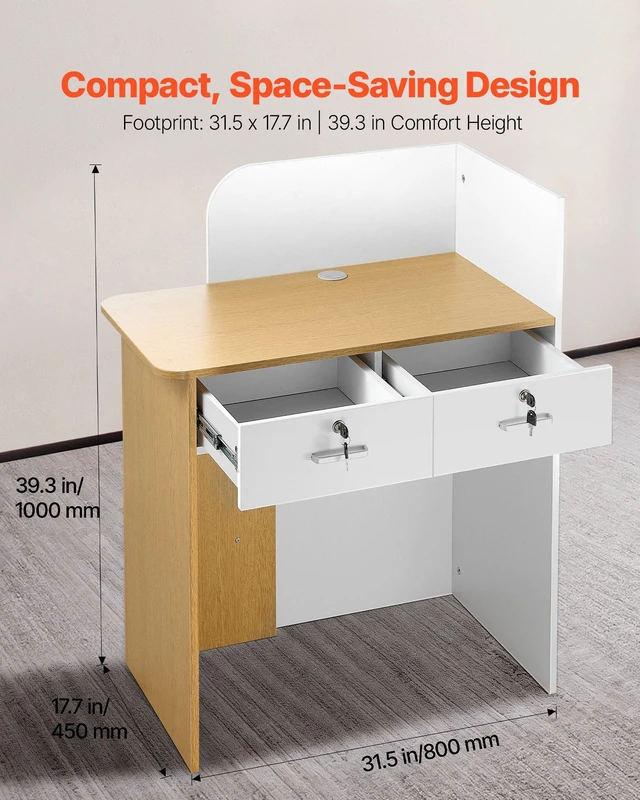 Alt view image 3 of 8 - VEVOR Reception Desk, 31.5 inch Rectangular Front Counter Table, Modern Office Reception Desk with LED Light, 2 Drawers & Power Outlets, Retail Counter Table for Checkout, Lobby, Beauty Salon, Office