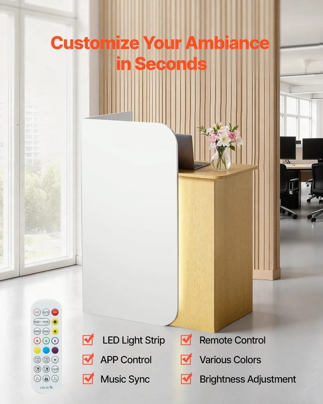 Alt view image 2 of 8 - VEVOR Reception Desk, 31.5 inch Rectangular Front Counter Table, Modern Office Reception Desk with LED Light, 2 Drawers & Power Outlets, Retail Counter Table for Checkout, Lobby, Beauty Salon, Office