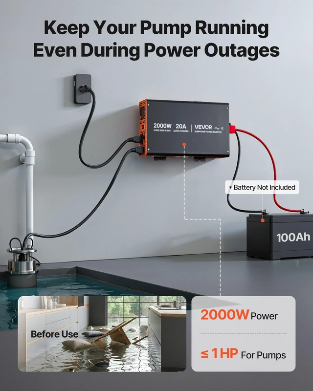 Alt view image 2 of 8 - VEVOR 2000W Sump Pump Battery Backup System, LCD Display, Auto Switches to Battery Inverter Power for Sump Pump, Pure Sine Wave, for Basement Protection Emergency Power Outage, Batteries Not Included