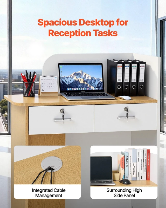 Alt view image 5 of 8 - VEVOR Reception Desk, 31.5 inch Rectangular Front Counter Table, Modern Office Reception Desk with LED Light, 2 Drawers & Power Outlets, Retail Counter Table for Checkout, Lobby, Beauty Salon, Office