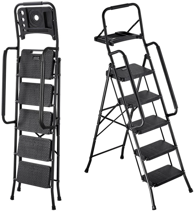 Main image of VEVOR 5 Step Ladder, Folding Step Stool with Wide Anti-Slip Pedal, Tool Tray, Dual Side Handrails, 600 lbs Capacity Portable Steel Ladder, Multi-Use for Kitchen, Home, Household and Office, Black