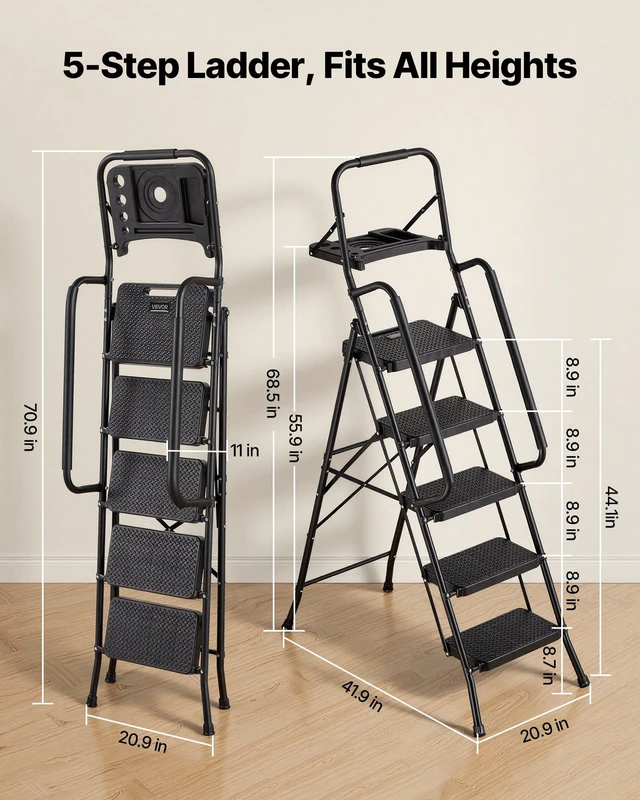 Alt view image 2 of 8 - VEVOR 5 Step Ladder, Folding Step Stool with Wide Anti-Slip Pedal, Tool Tray, Dual Side Handrails, 600 lbs Capacity Portable Steel Ladder, Multi-Use for Kitchen, Home, Household and Office, Black