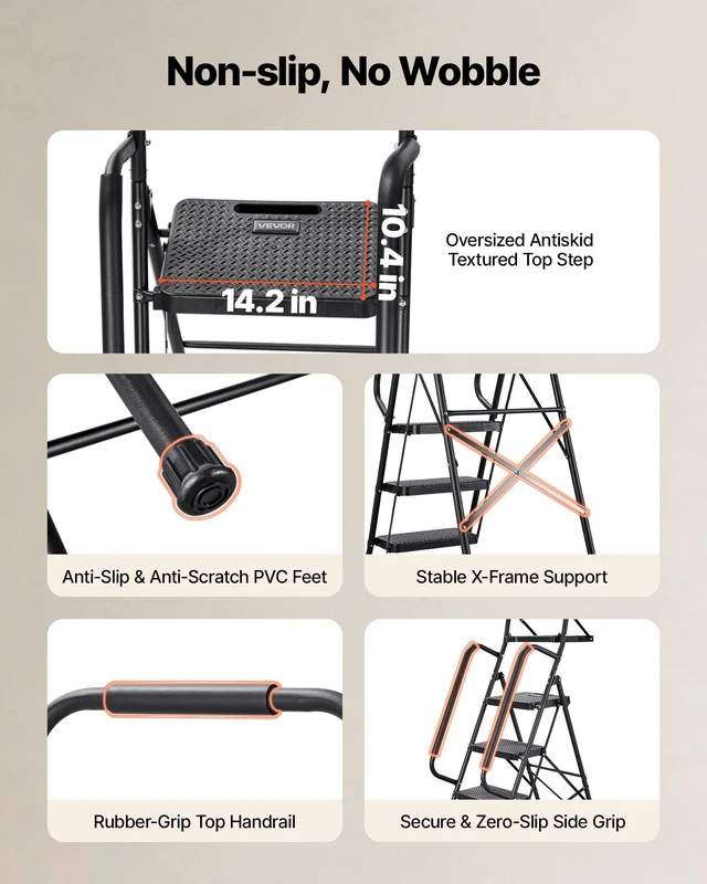 Alt view image 3 of 8 - VEVOR 5 Step Ladder, Folding Step Stool with Wide Anti-Slip Pedal, Tool Tray, Dual Side Handrails, 600 lbs Capacity Portable Steel Ladder, Multi-Use for Kitchen, Home, Household and Office, Black