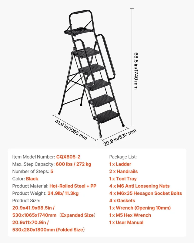 Alt view image 7 of 8 - VEVOR 5 Step Ladder, Folding Step Stool with Wide Anti-Slip Pedal, Tool Tray, Dual Side Handrails, 600 lbs Capacity Portable Steel Ladder, Multi-Use for Kitchen, Home, Household and Office, Black
